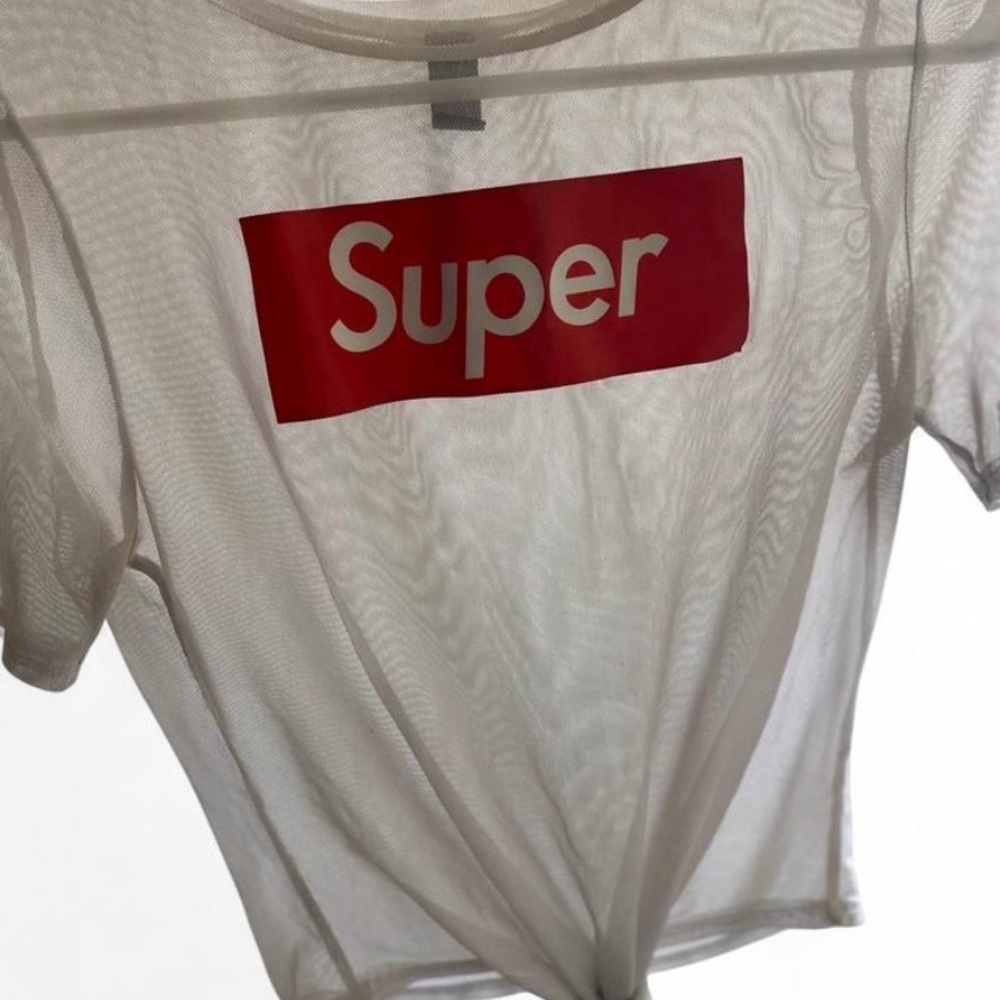 White Mesh T-Shirt with Red 'Super' Logo